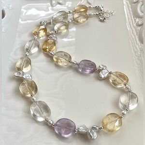 GP25-Handmade Citrine, Amethyst, Clear Quartz And Keshi Pearl Necklace